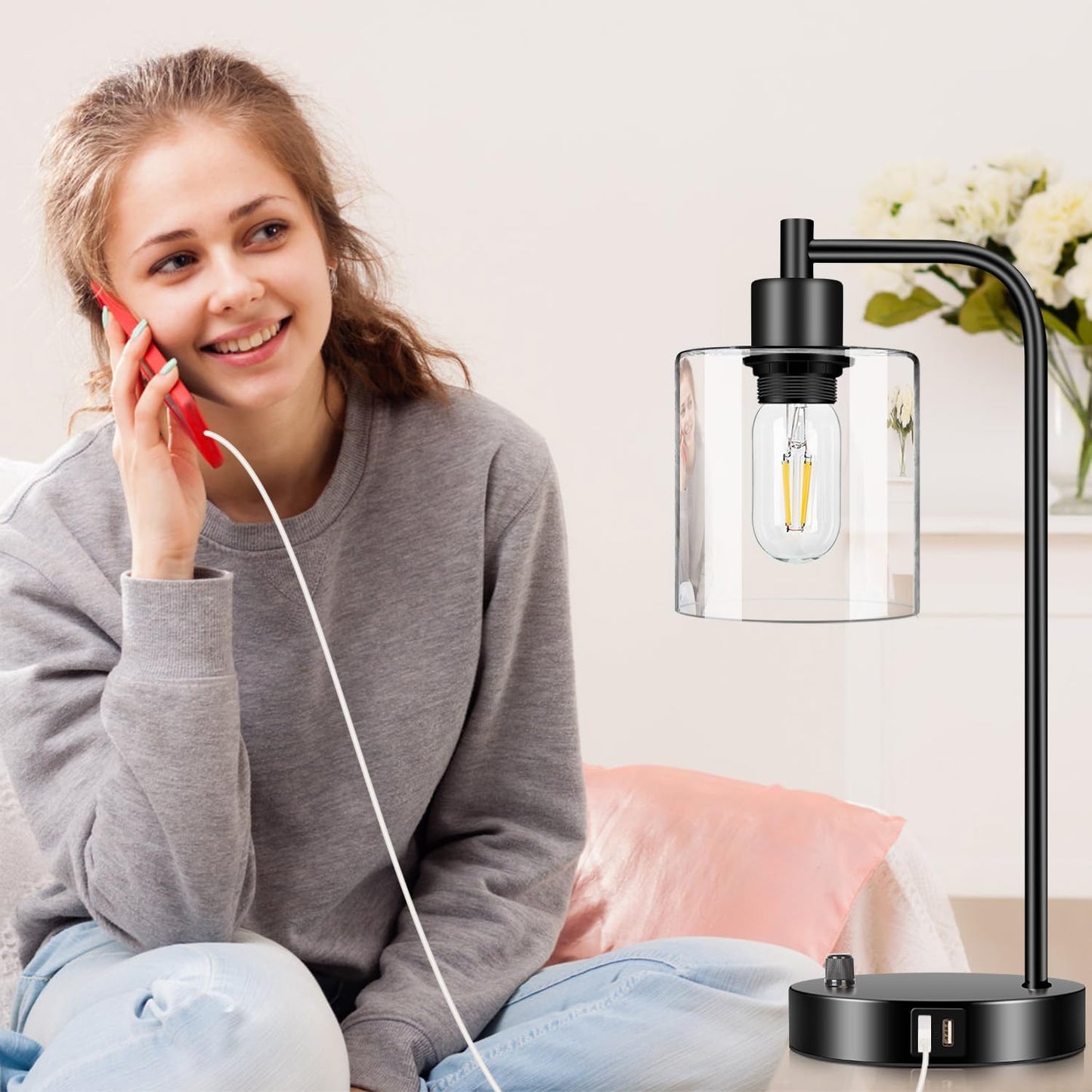 Industrial Table Lamp with Dual USB Charging Ports, Fully Dimmable Modern Nightstand Lamp with Glass Shade for Bedroom, Living Room, and Office, Includes 6W 2700K LED Edison Bulb