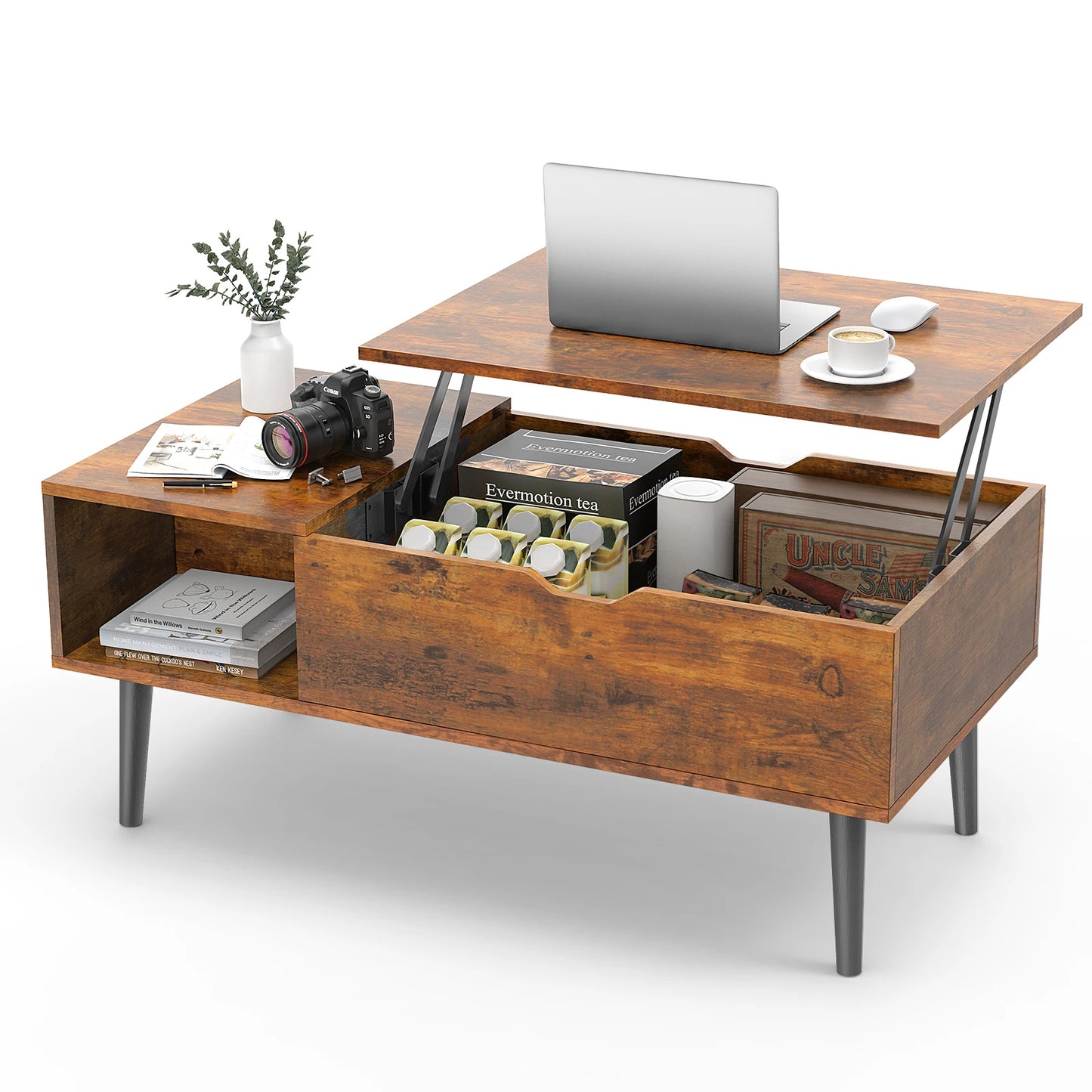 Lift Top Coffee Table for Living Room - 39.37" x 19.7" Adjustable Wood Table with Storage Shelf