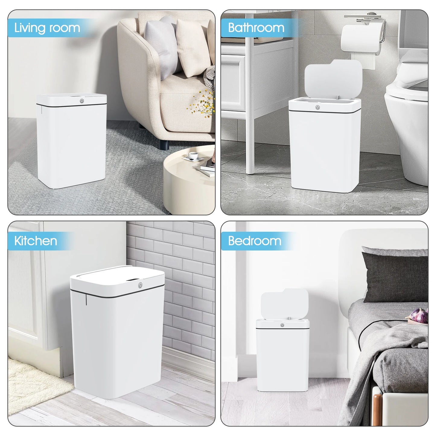 Touchless Automatic Bathroom Trash Can with Lid, 3.95 Gallon Slim Plastic Waste Bin for Home and Office Use