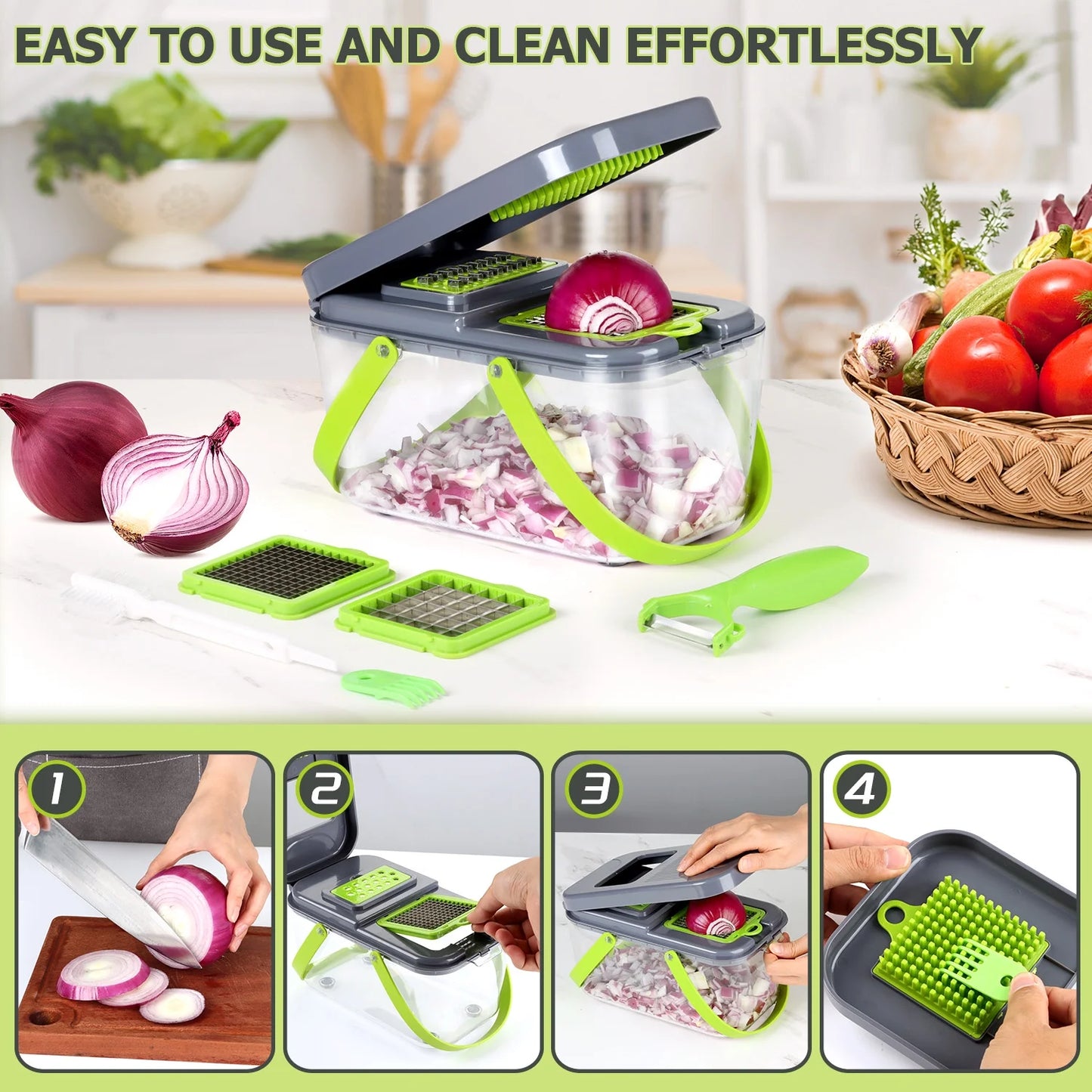 22-in-1 Multifunctional Vegetable Chopper and Dicer with Stainless Steel Blades, Container, and Colander Drain Basket