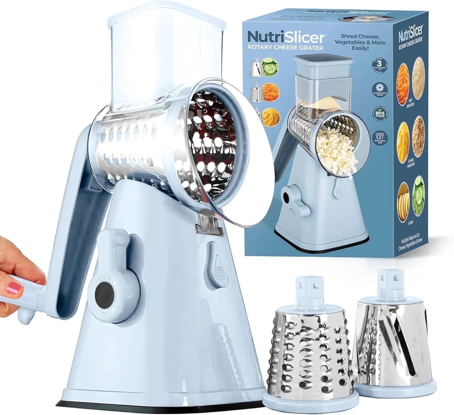 Nutrislicer Adjustable Rotary Cheese Grater and Vegetable Chopper with Slicing and Shredding Features