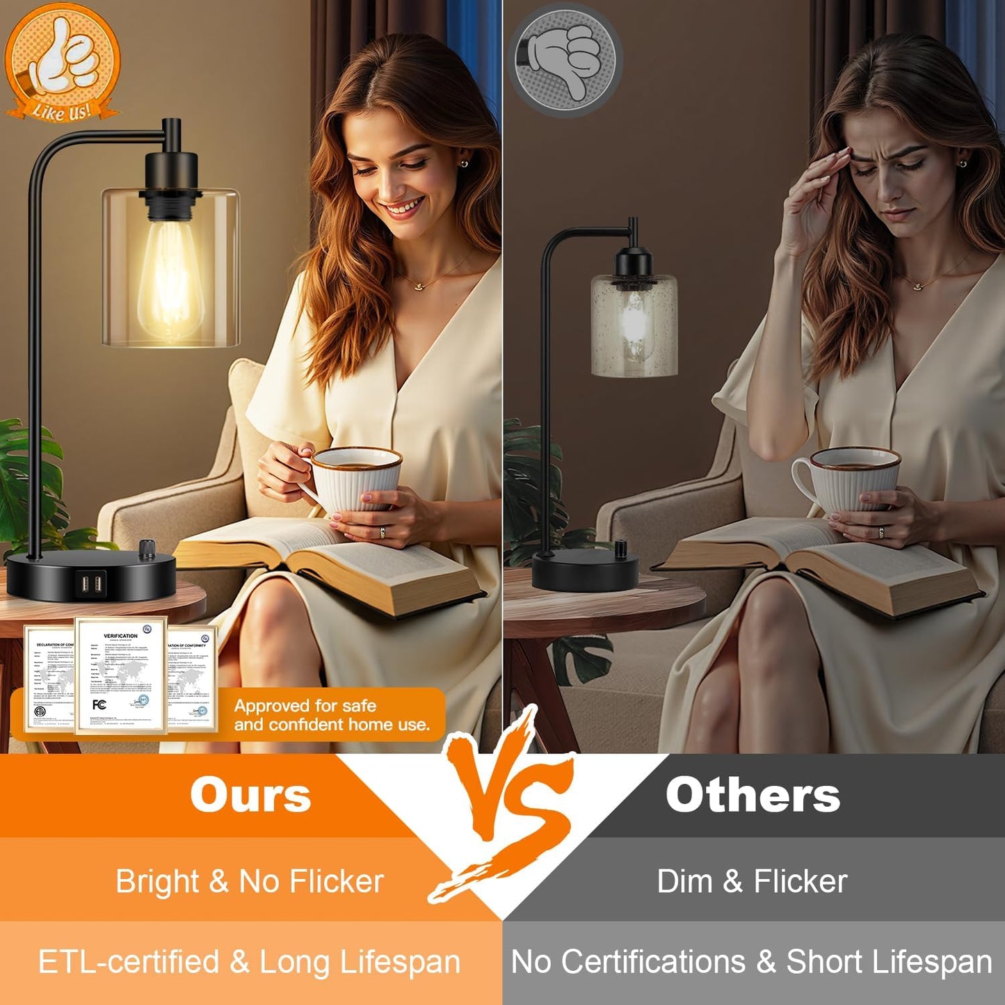 Industrial Table Lamp with Dual USB Charging Ports, Fully Dimmable Modern Nightstand Lamp with Glass Shade for Bedroom, Living Room, and Office, Includes 6W 2700K LED Edison Bulb