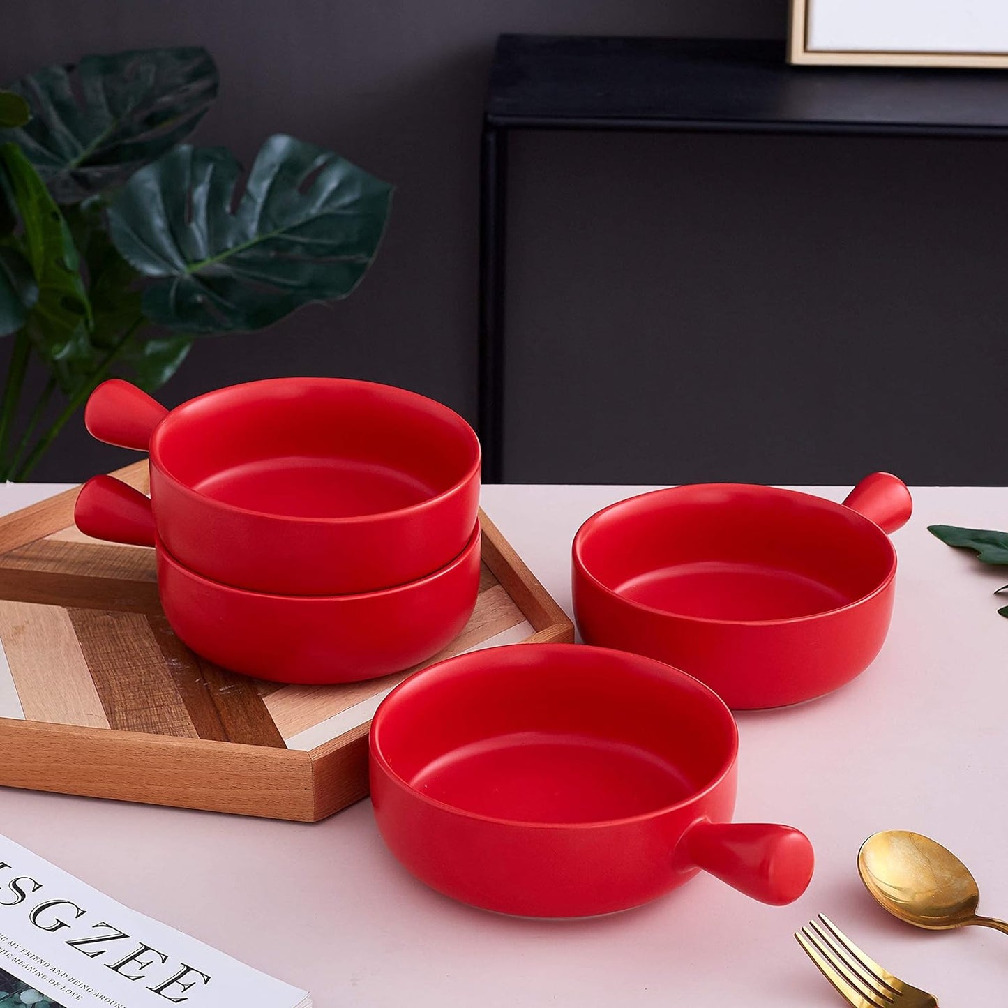 Set of 4 Red 20 Oz Round Flat Porcelain Soup Bowls with Handles for French Onion Soup, Ideal for Kitchen or Dining Table Decor