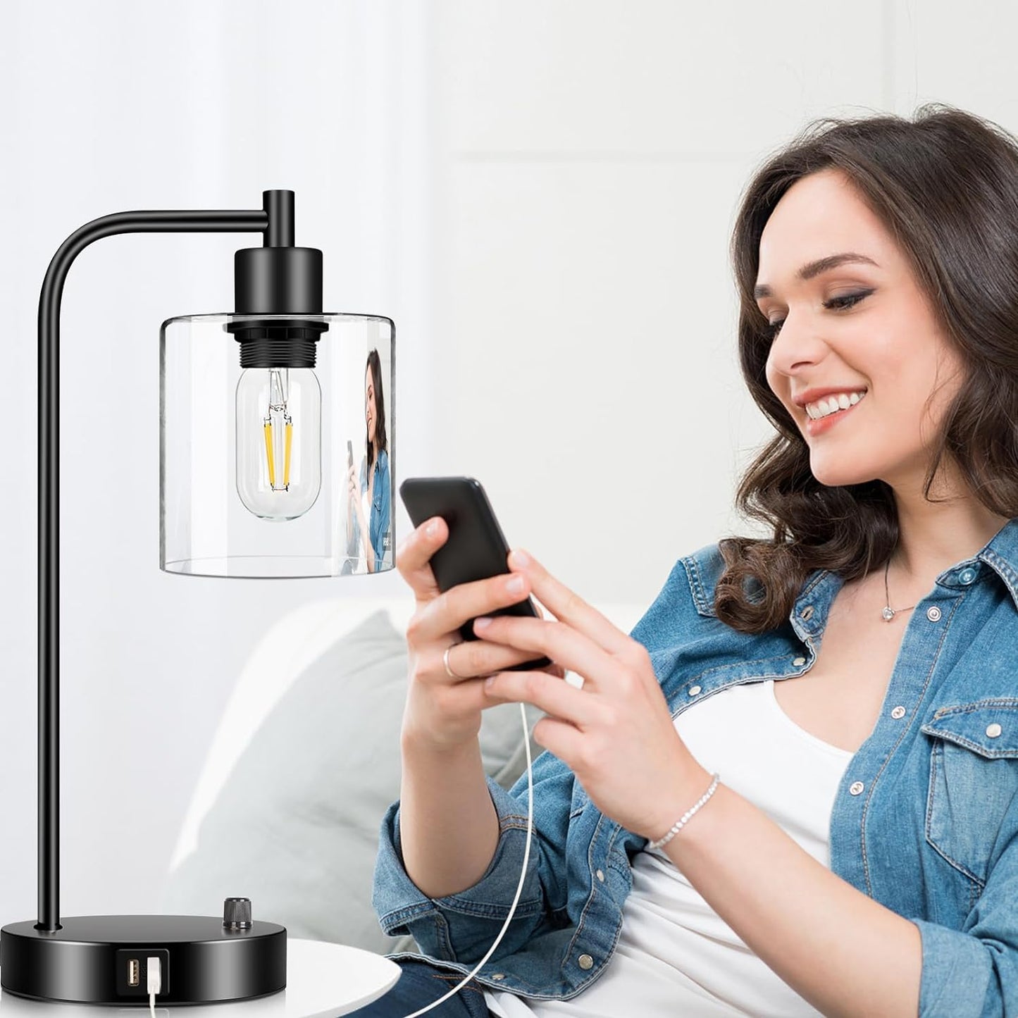 Industrial Table Lamp with Dual USB Charging Ports, Fully Dimmable Modern Nightstand Lamp with Glass Shade for Bedroom, Living Room, and Office, Includes 6W 2700K LED Edison Bulb