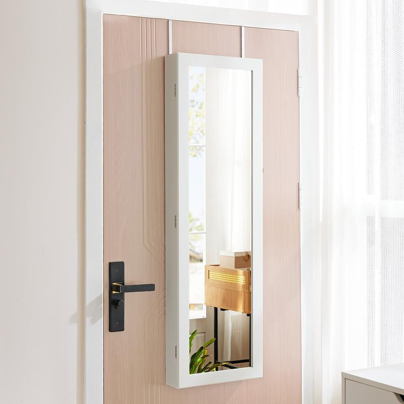 Elegant Full-Length Mirror Jewelry Cabinet with Integrated Makeup Mirror, Versatile Wall or Door Mount Organizer, Secure Lockable Storage with Dual Drawers