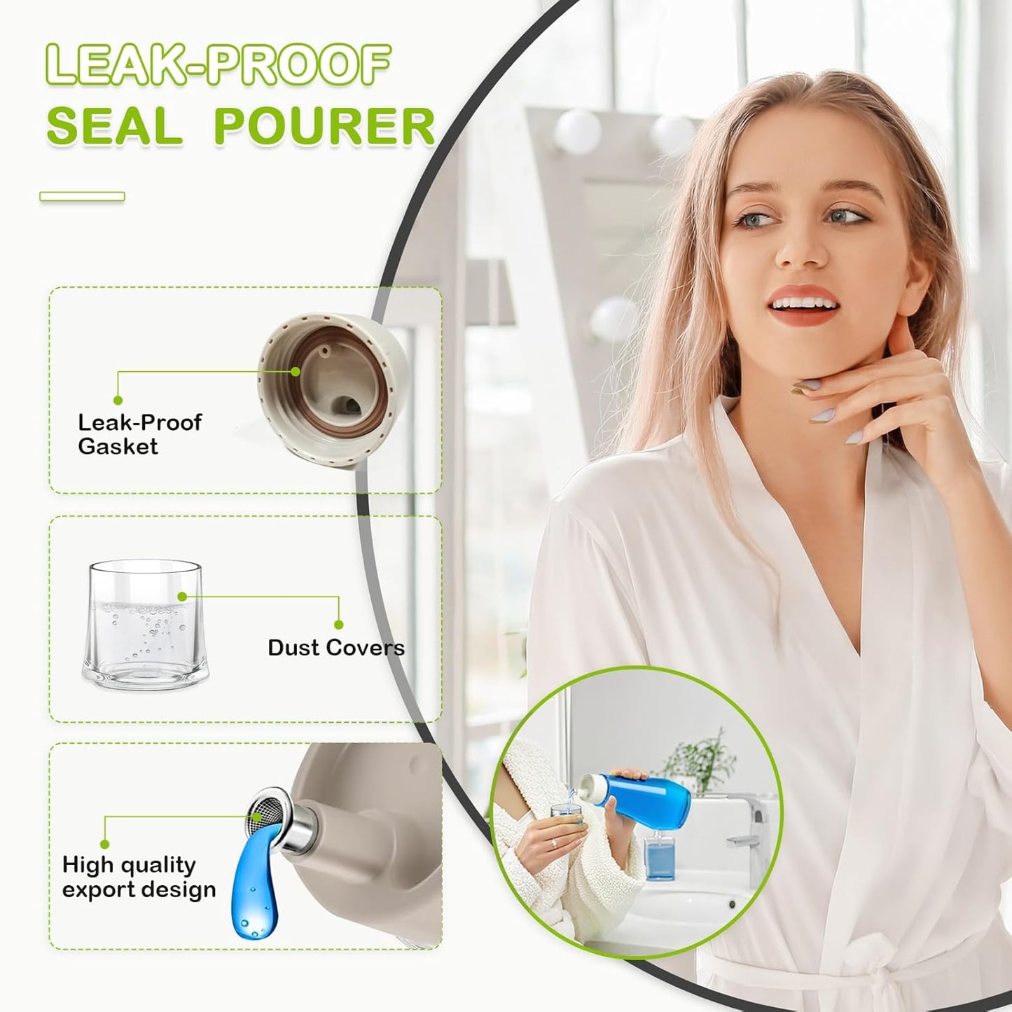 Professional Glass Mouthwash Dispenser for Bathroom - 8.8 Oz Refillable Container with Lid Cup, Compact Clear Bottle for Countertop Use
