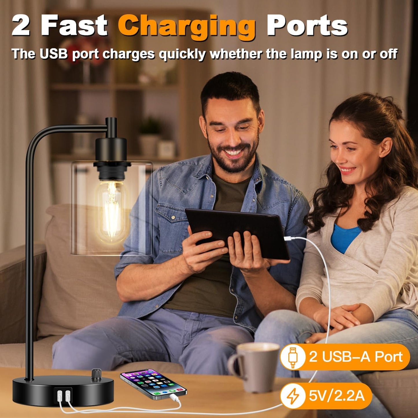 Industrial Table Lamp with Dual USB Charging Ports, Fully Dimmable Modern Nightstand Lamp with Glass Shade for Bedroom, Living Room, and Office, Includes 6W 2700K LED Edison Bulb