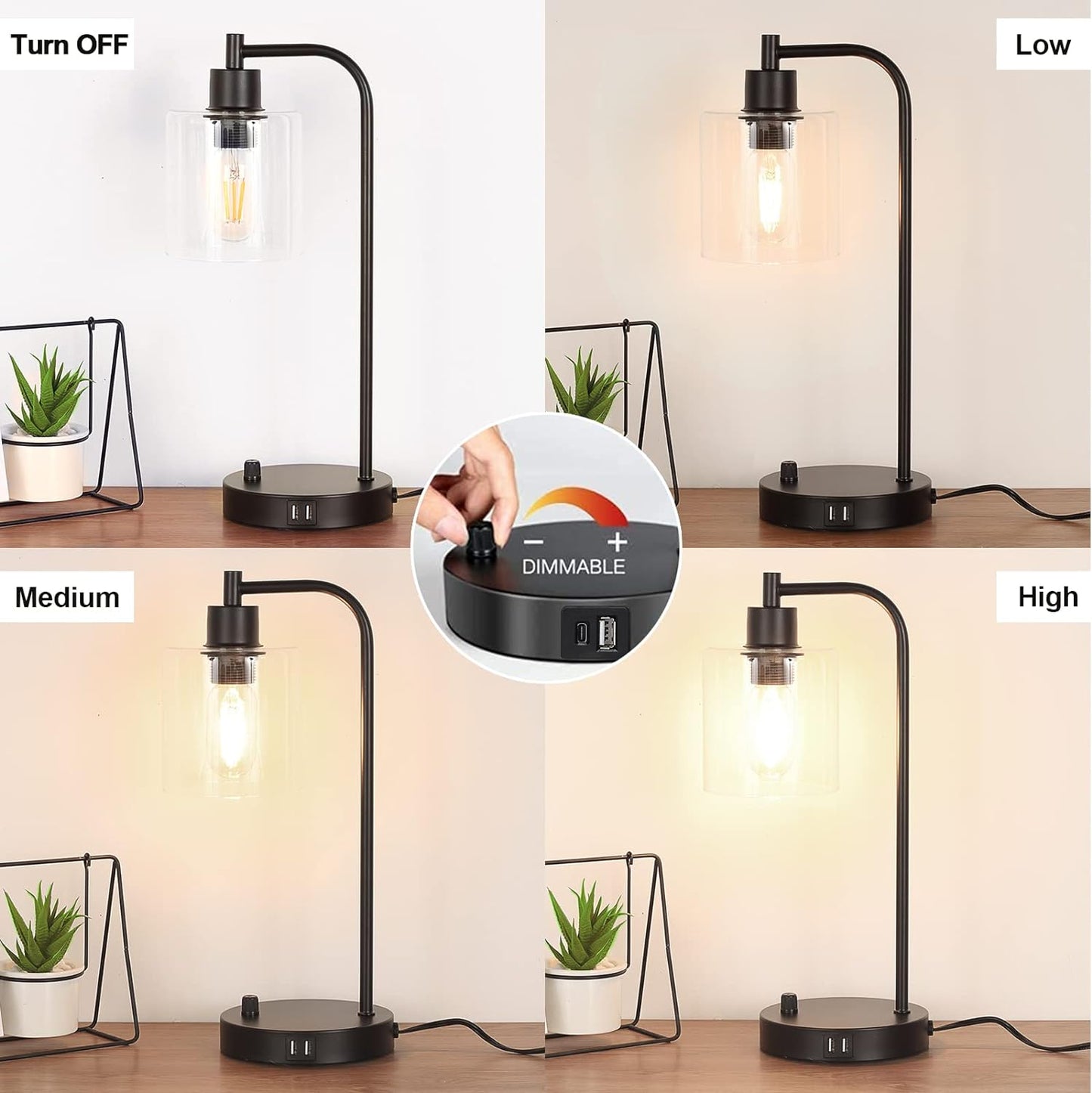 Industrial Table Lamp with Dual USB Charging Ports, Fully Dimmable Modern Nightstand Lamp with Glass Shade for Bedroom, Living Room, and Office, Includes 6W 2700K LED Edison Bulb