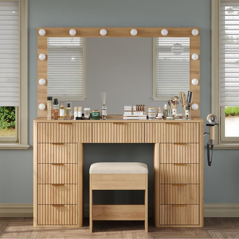 FUSOU 47" Vanity Desk with 11 Drawers, Power Outlet, Mirror, 12 LED Lights, 3 Lighting Modes, Glass Top, and Chair - Ideal Dressing Table for Bedroom and Dressing Room