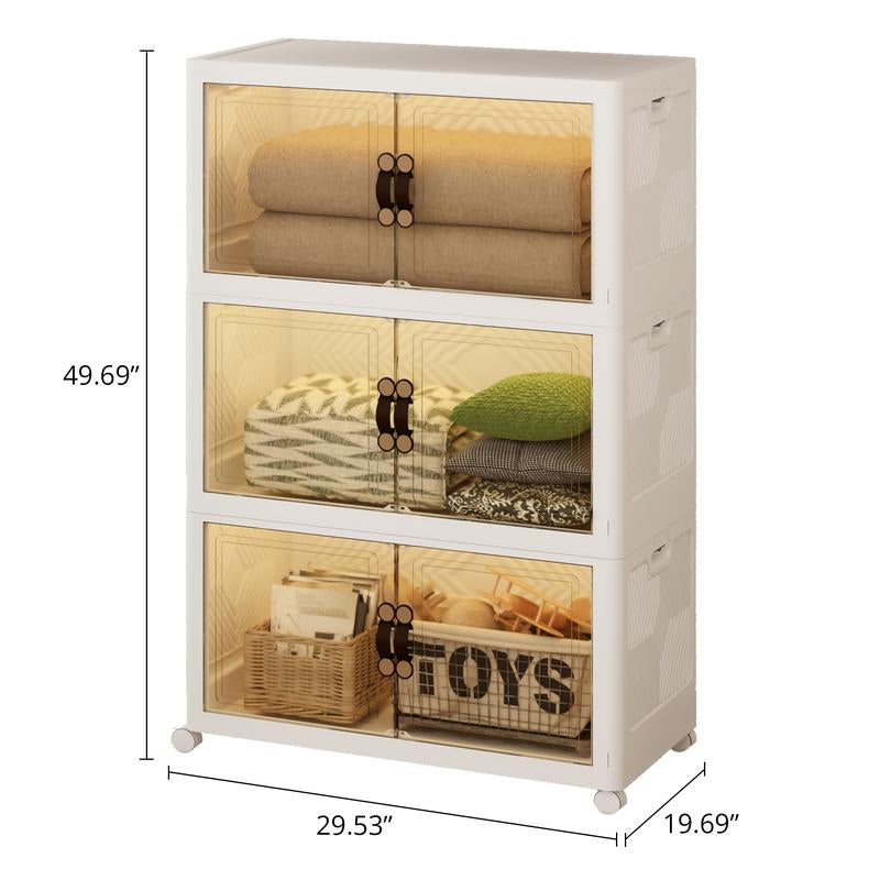 IRONCK XXXL Collapsible Storage Cabinet with Magnetic Transparent Doors and Wheels - Versatile Large Capacity Organizer for Bedroom, Kitchen, and Living Room, No Assembly Required Plastic Storage Solution (High Load-Bearing)