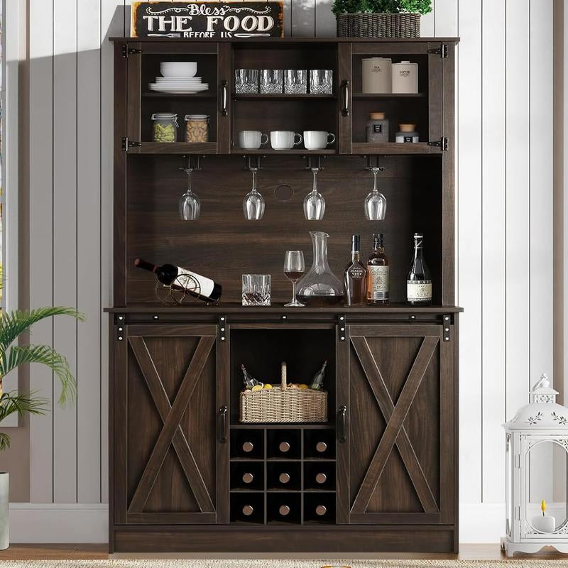 HOMBCK 72-Inch Farmhouse Coffee Bar Cabinet with Glass Doors and 9 Wine Racks for Living Room