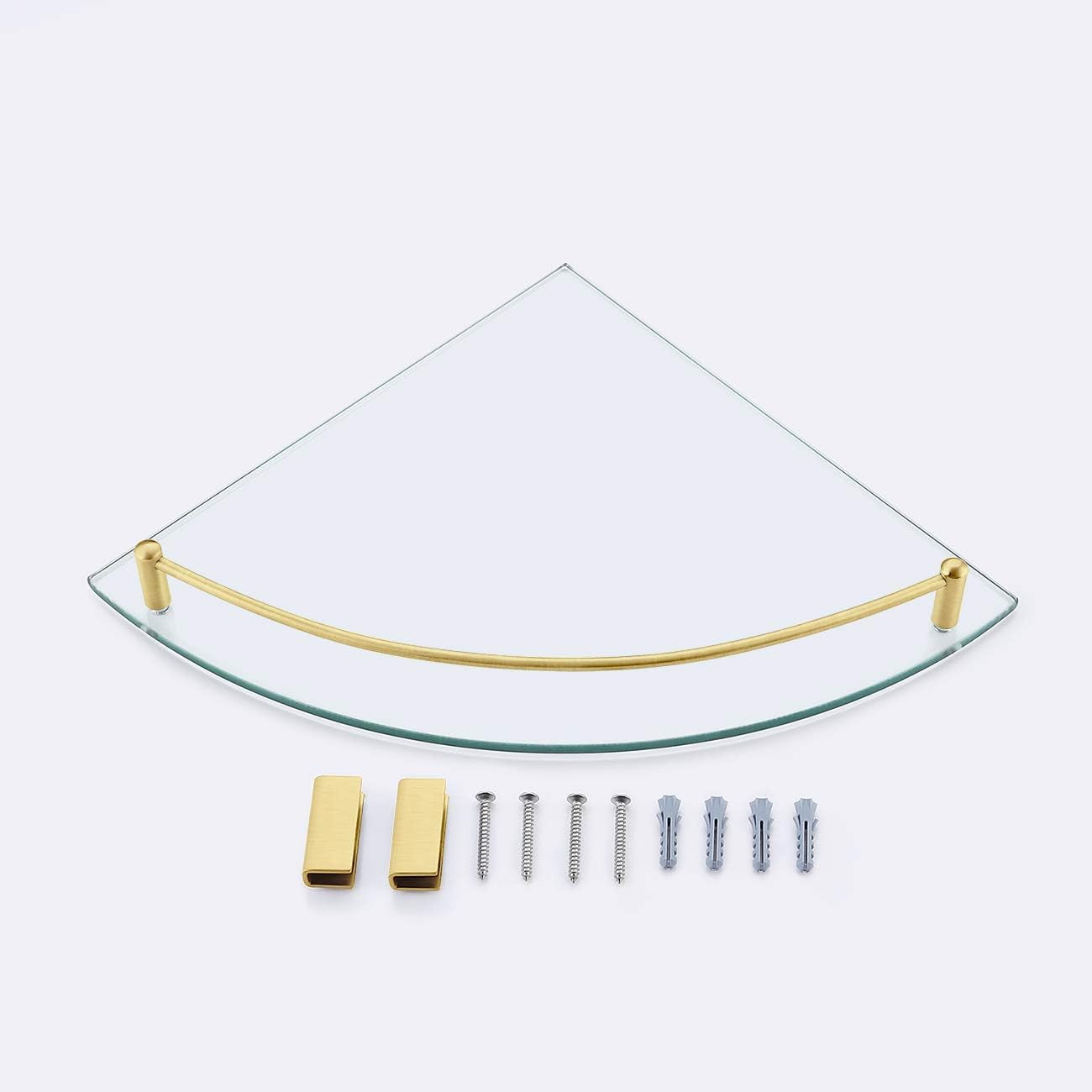 Tempered Glass Corner Shelf with Rail and SUS 304 Stainless Steel Floating Wall Mount Bracket in Brushed Gold, Model BGS2101A-BZ