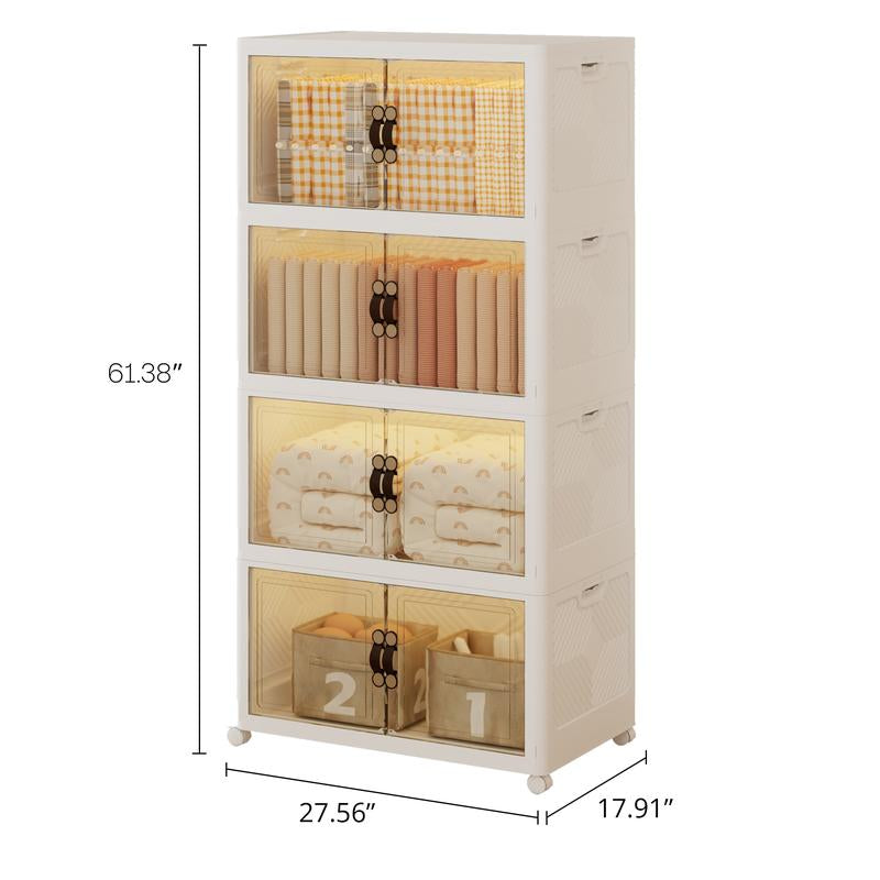 IRONCK XXXL Collapsible Storage Cabinet with Magnetic Transparent Doors and Wheels - Versatile Large Capacity Organizer for Bedroom, Kitchen, and Living Room, No Assembly Required Plastic Storage Solution (High Load-Bearing)