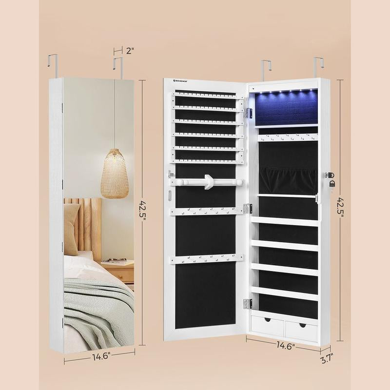SONGMICS LED Jewelry Cabinet with Lockable Rounded Wide Mirror, Wall or Door Mounted Organizer with Interior Storage