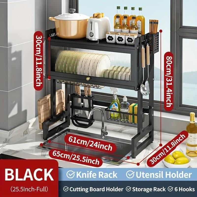 Over-Sink Dish Drying Rack - Versatile Utensil Holder with Knife Slot, Chopstick and Cutlery Drainer, Space-Saving Countertop Organizer for Hygienic Drying and Storage, Includes Protective Cover - Black