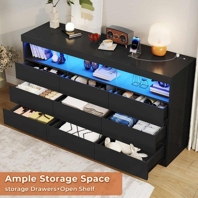Sikaic Modern Dresser Chest with 9 Handle-Free Drawers and LED RGB Lighting for Bedroom Storage and Organization