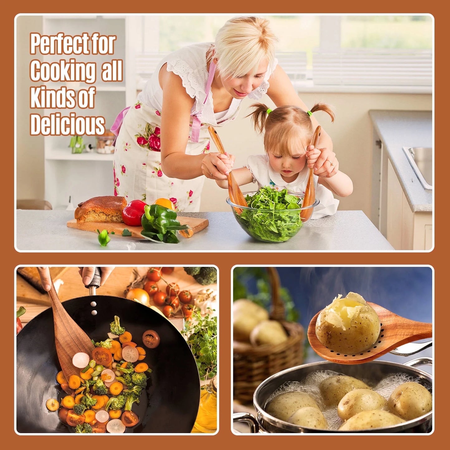 Natural Teak Wooden Cooking Utensil Set, 9-Piece Kitchen Collection with Holder and Spoon Rest, Ideal for Nonstick Pans and Cookware