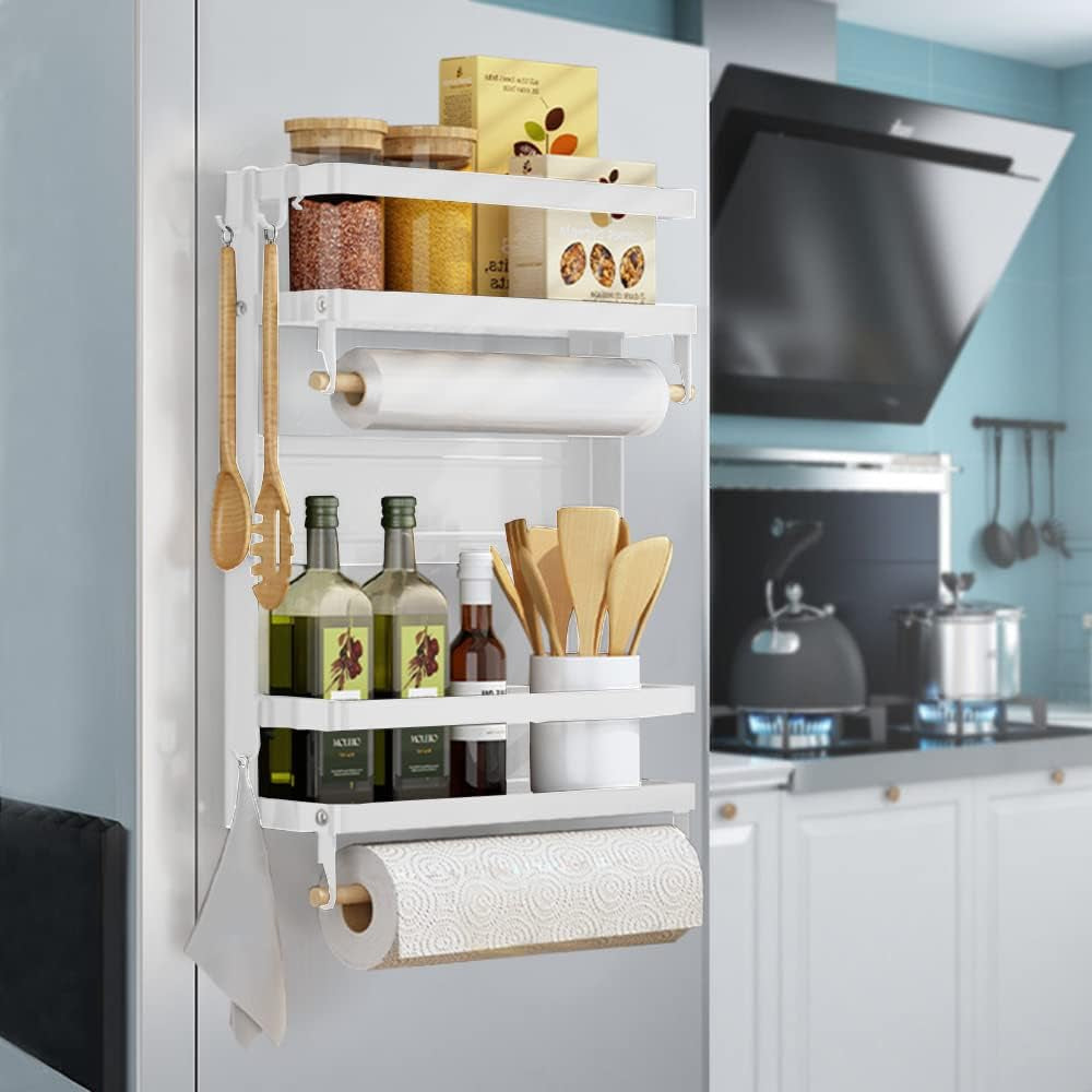 Magnetic 2-Tier Spice Rack and Paper Towel Holder - Premium Kitchen Organizer and Storage Solution for Refrigerators - Large White Design