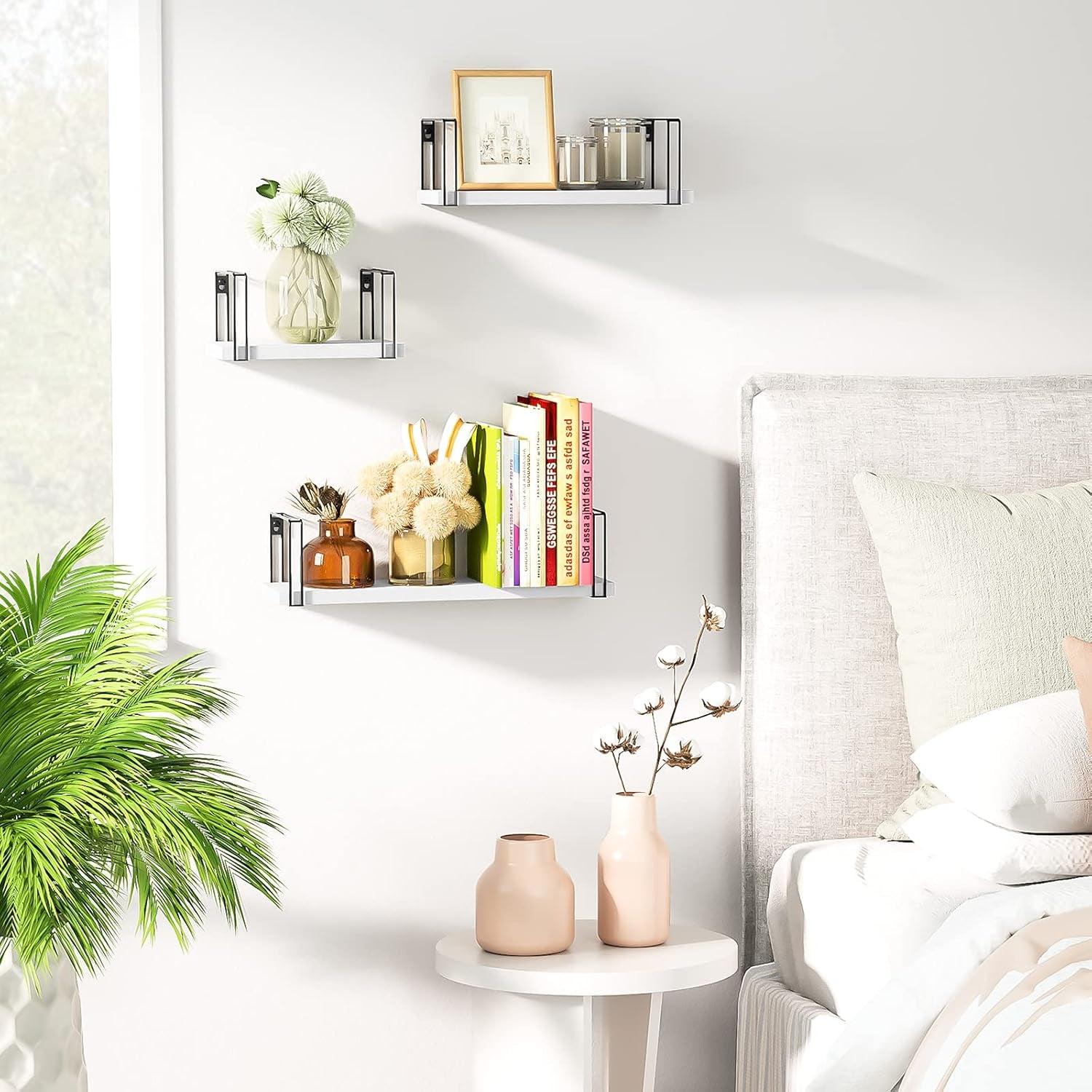 Set of 3 White Floating Wall Shelves - 17 Inch Rustic Wood Decorative Shelves for Bedroom, Bathroom, Laundry Room, Living Room, Kitchen, and Office