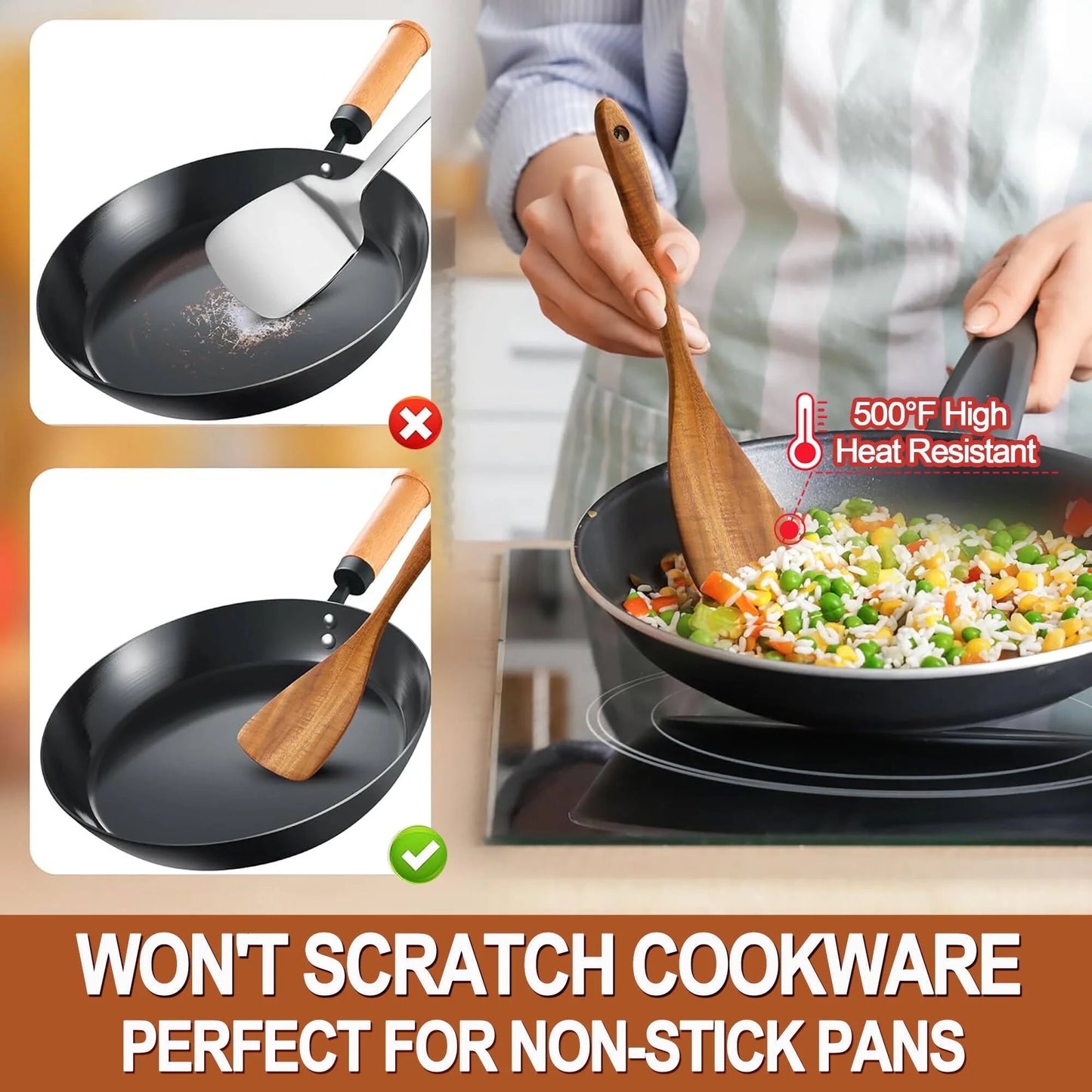 Natural Teak Wooden Cooking Utensil Set, 9-Piece Kitchen Collection with Holder and Spoon Rest, Ideal for Nonstick Pans and Cookware