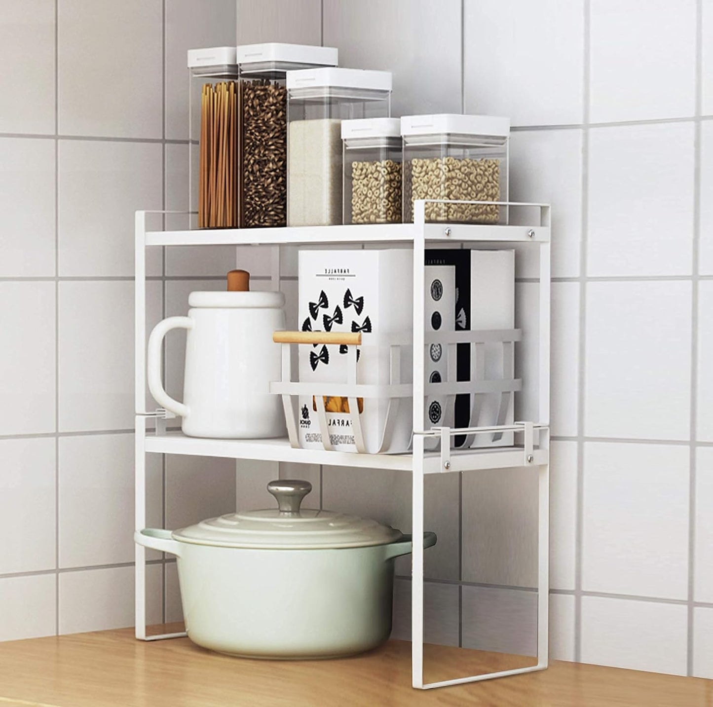 2-Pack Stackable Steel Frame Organizer Racks for Kitchen Cabinets, Pantries, and Office Desks - Rust Resistant and Non-Slip, White Finish