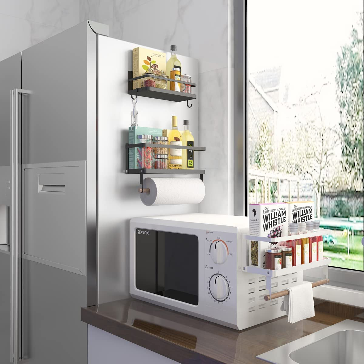 Magnetic Paper Towel Holder and Spice Rack with Hooks, Wall-Mounted Shelf for Refrigerator (Black)