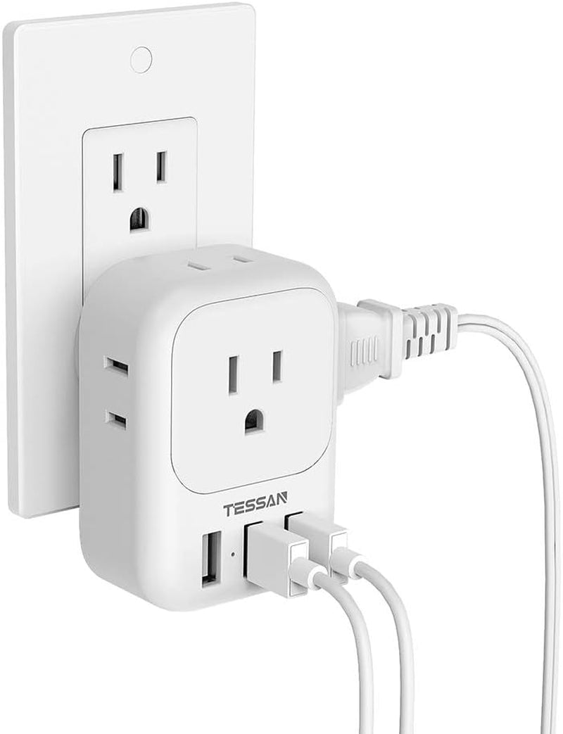 USB Charger Block - Wall Plug Adapter with 4-Outlet Splitter and 3 USB Charging Ports for Travel, Office, and Dorm Use