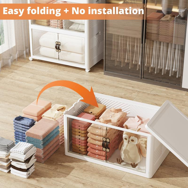 IRONCK XXXL Collapsible Storage Cabinet with Magnetic Transparent Doors and Wheels - Versatile Large Capacity Organizer for Bedroom, Kitchen, and Living Room, No Assembly Required Plastic Storage Solution (High Load-Bearing)