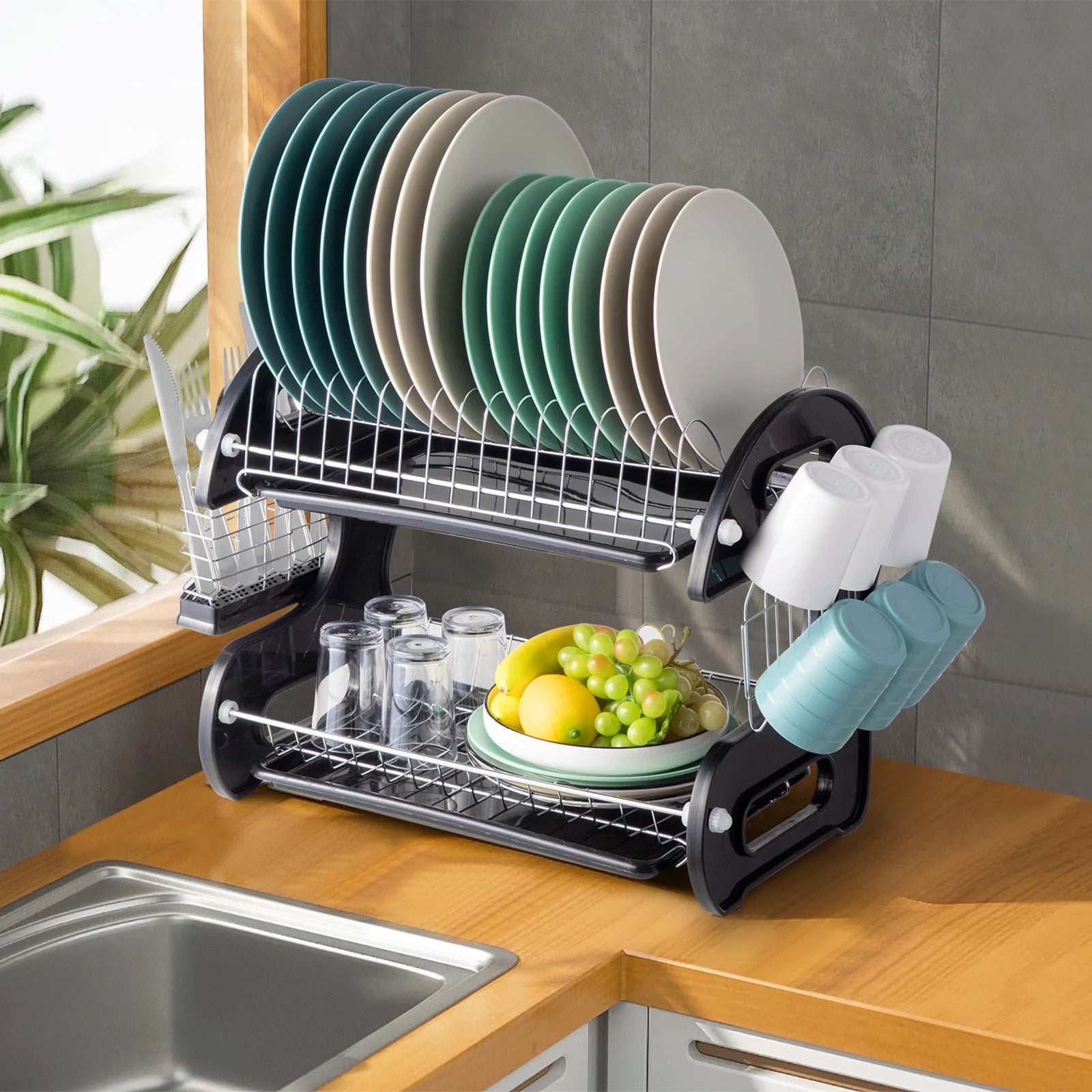 2-Tier Stainless Steel Dish Drainer Drying Rack with Large Capacity for Kitchen Storage - Dimensions: 22.83" L x 11" W x 14.57" H