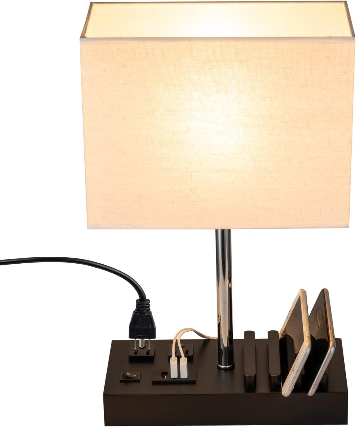 Multi-Functional USB Table Lamp with AC Outlets, USB Charging Ports, and Wooden Phone Stand Organizer - Ideal Nightstand Lamp for Bedroom with Black Shade