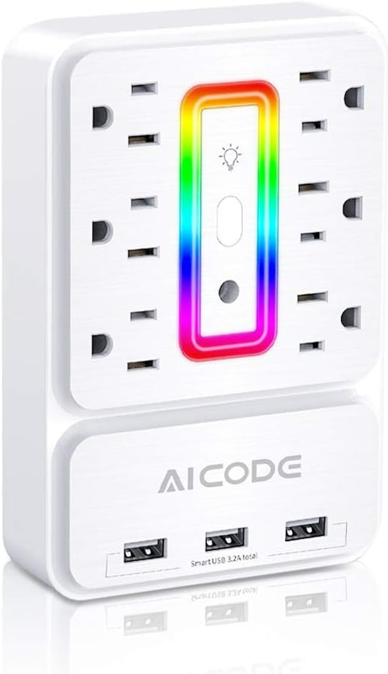 6-Outlet Surge Protector with 3 USB Charging Ports and RGB Ambient Lighting - Versatile Plug Extender for Home, Office, Dorm, and Hotel Use