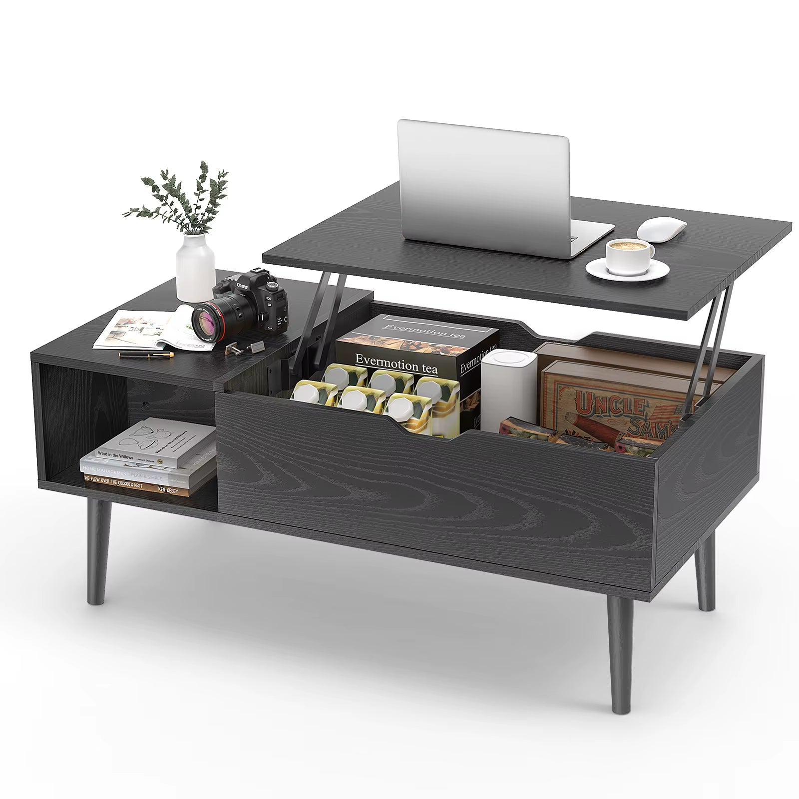 Lift Top Coffee Table for Living Room - 39.37" x 19.7" Adjustable Wood Table with Storage Shelf