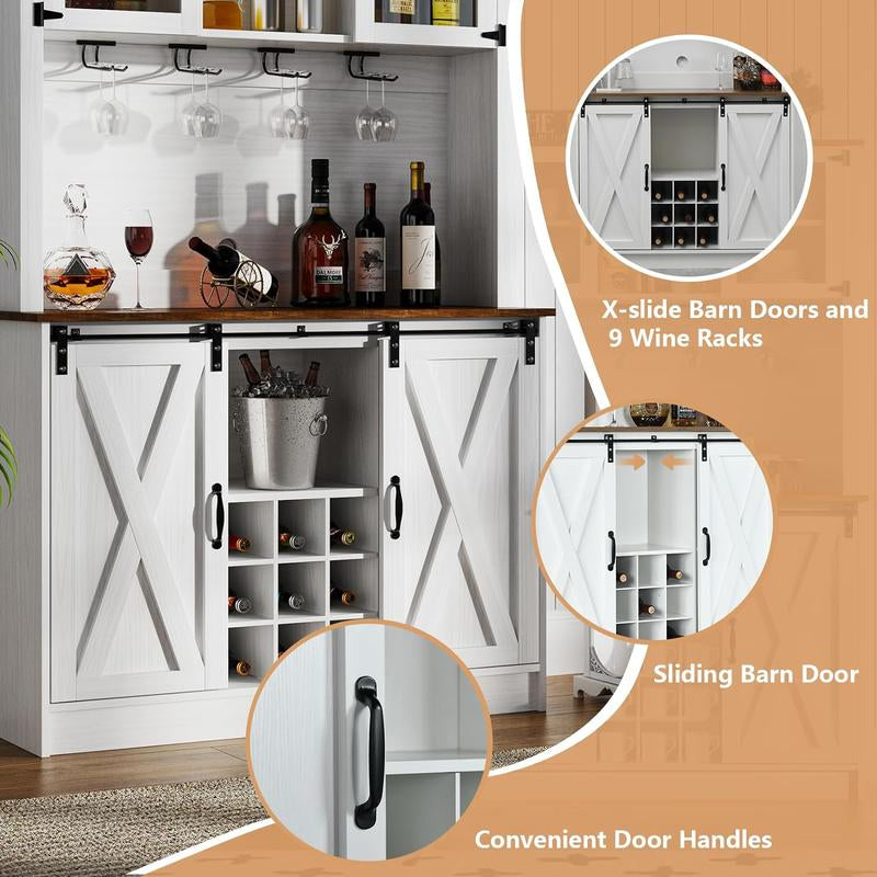 HOMBCK 72-Inch Farmhouse Coffee Bar Cabinet with Glass Doors and 9 Wine Racks for Living Room