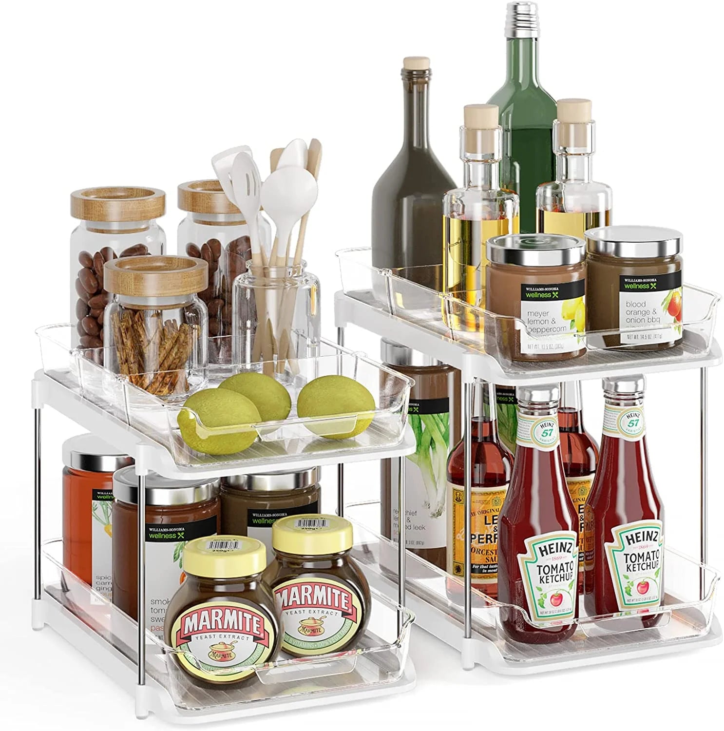 2-Pack Under Sink Organizer Set, 2-Tier Sliding Storage Solution for Bathroom and Kitchen Cabinets, Transparent Design