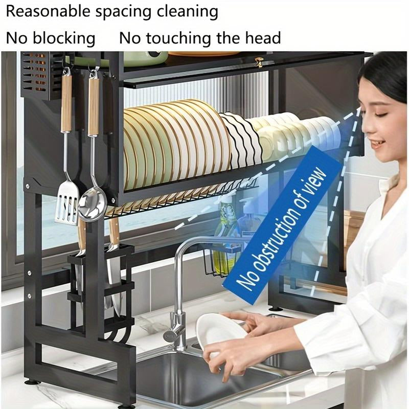 Over-Sink Dish Drying Rack - Versatile Utensil Holder with Knife Slot, Chopstick and Cutlery Drainer, Space-Saving Countertop Organizer for Hygienic Drying and Storage, Includes Protective Cover - Black