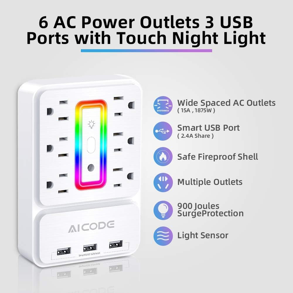 6-Outlet Surge Protector with 3 USB Charging Ports and RGB Ambient Lighting - Versatile Plug Extender for Home, Office, Dorm, and Hotel Use