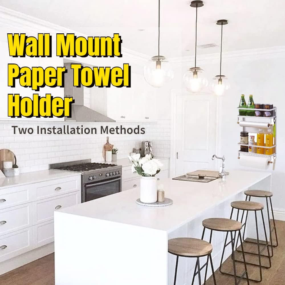 Magnetic 2-Tier Spice Rack and Paper Towel Holder - Premium Kitchen Organizer and Storage Solution for Refrigerators - Large White Design