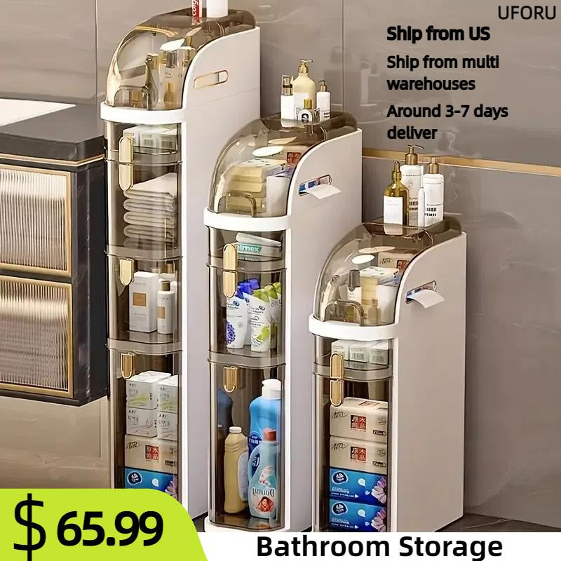 UFORU Ultra-Thin Waterproof Bathroom Storage Organizer with Toilet Paper Holder and Wheels - Modern Minimalist Floor Cabinet for Small Spaces