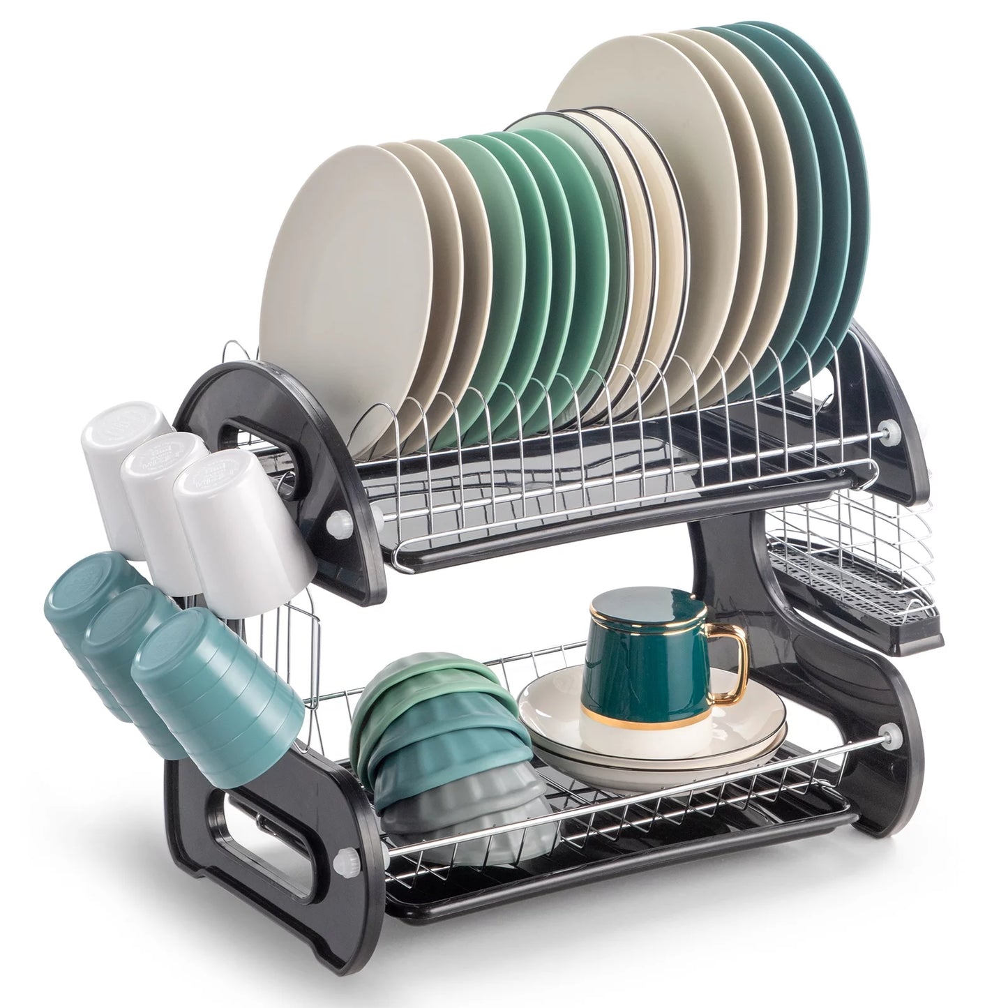 2-Tier Stainless Steel Dish Drainer Drying Rack with Large Capacity for Kitchen Storage - Dimensions: 22.83" L x 11" W x 14.57" H