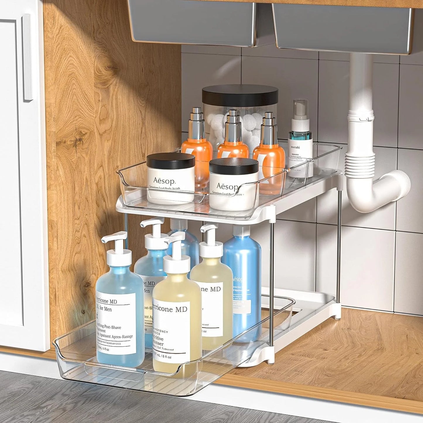 2-Pack Under Sink Organizer Set, 2-Tier Sliding Storage Solution for Bathroom and Kitchen Cabinets, Transparent Design