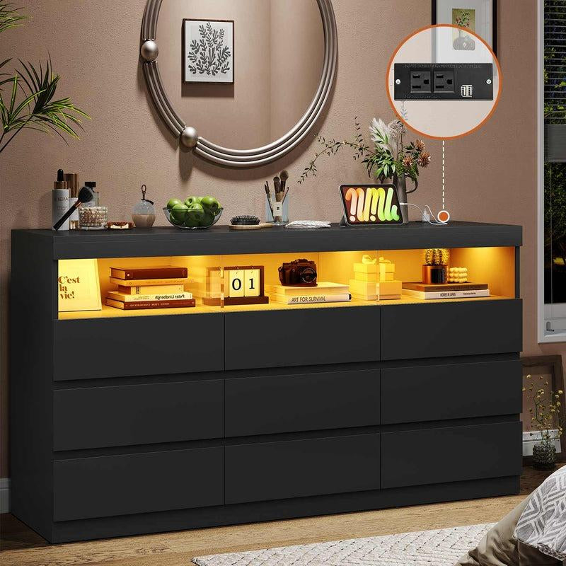Sikaic Modern Dresser Chest with 9 Handle-Free Drawers and LED RGB Lighting for Bedroom Storage and Organization