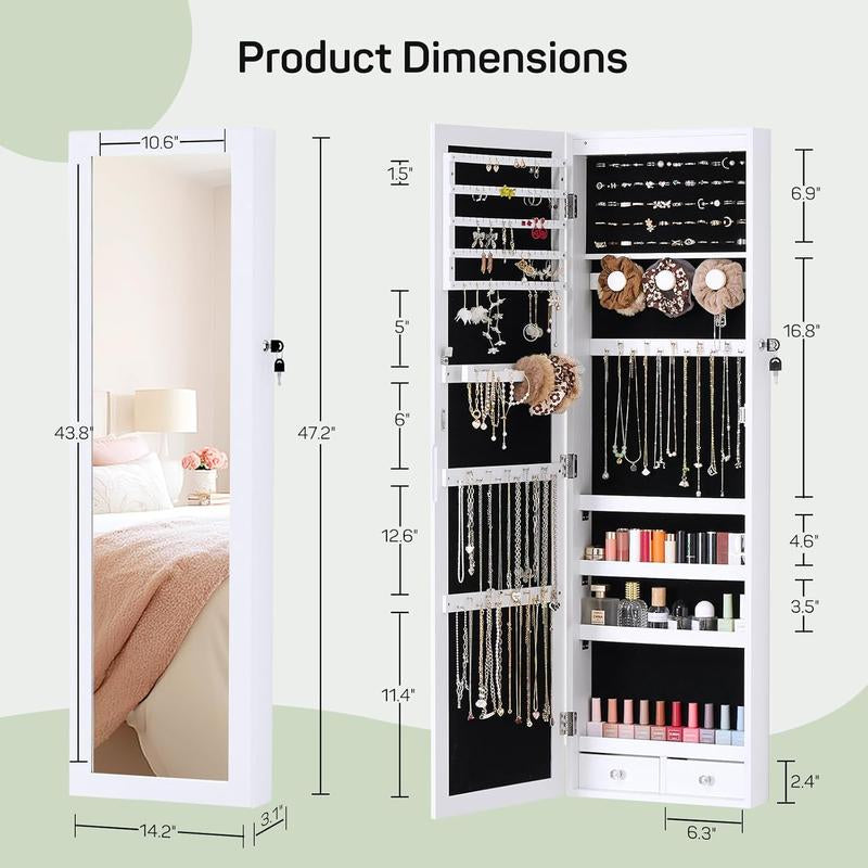 Elegant Full-Length Mirror Jewelry Cabinet with Integrated Makeup Mirror, Versatile Wall or Door Mount Organizer, Secure Lockable Storage with Dual Drawers