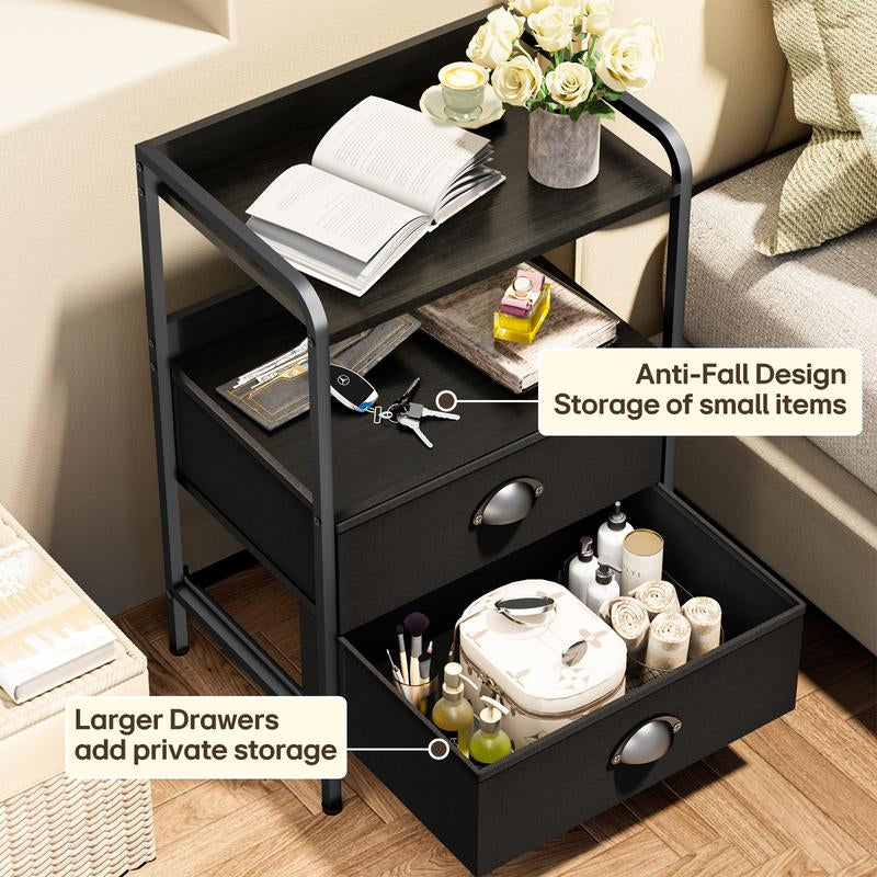 Rustic Brown and Black Nightstand with Open Shelf and Fabric Drawers for Bedroom and Living Room Storage
