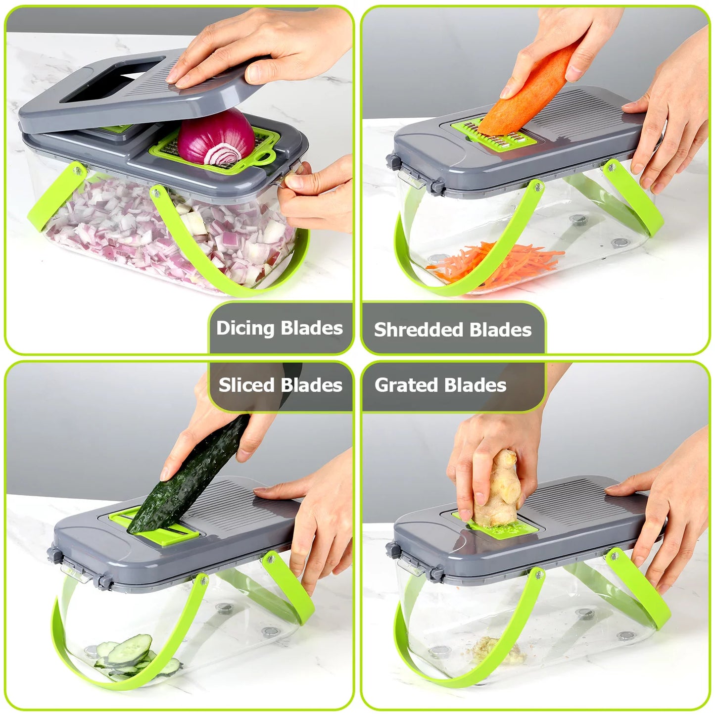 22-in-1 Multifunctional Vegetable Chopper and Dicer with Stainless Steel Blades, Container, and Colander Drain Basket