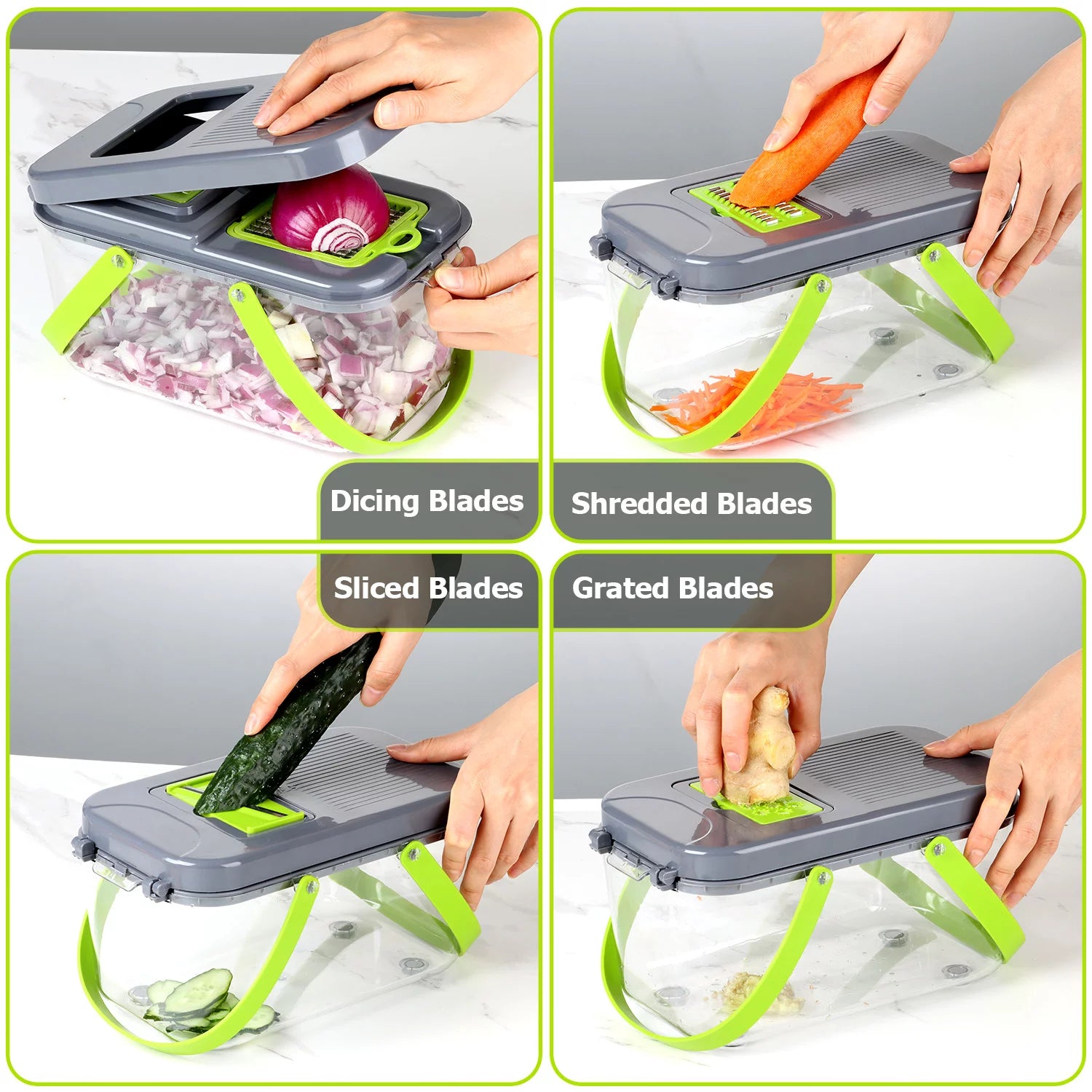 22-in-1 Multifunctional Vegetable Chopper and Dicer with Stainless Steel Blades, Container, and Colander Drain Basket