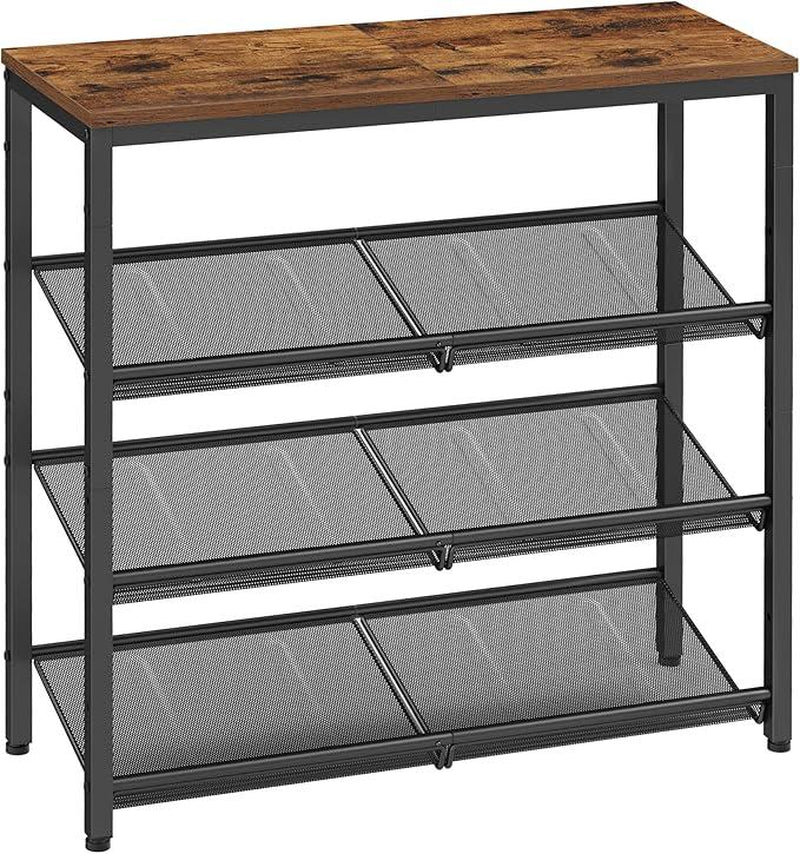 SONGMICS Home Entryway Shoe Rack - Free Standing Shoe Organizer with Sturdy Wooden Top and Steel Frame, Accommodates 16-20 Pairs, Industrial Design