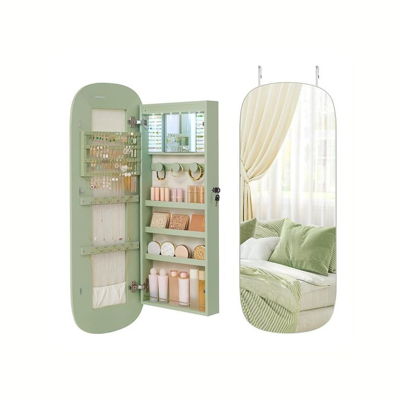 SONGMICS LED Jewelry Cabinet with Lockable Rounded Wide Mirror, Wall or Door Mounted Organizer with Interior Storage