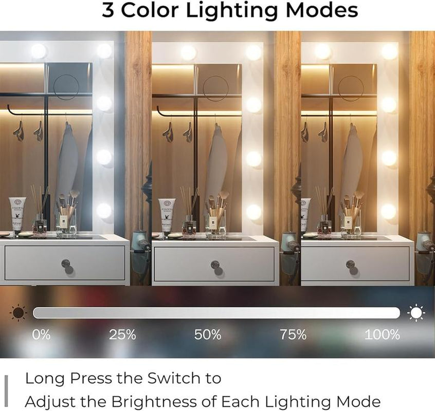 FUSOU 47" Vanity Desk with 11 Drawers, Power Outlet, Mirror, 12 LED Lights, 3 Lighting Modes, Glass Top, and Chair - Ideal Dressing Table for Bedroom and Dressing Room