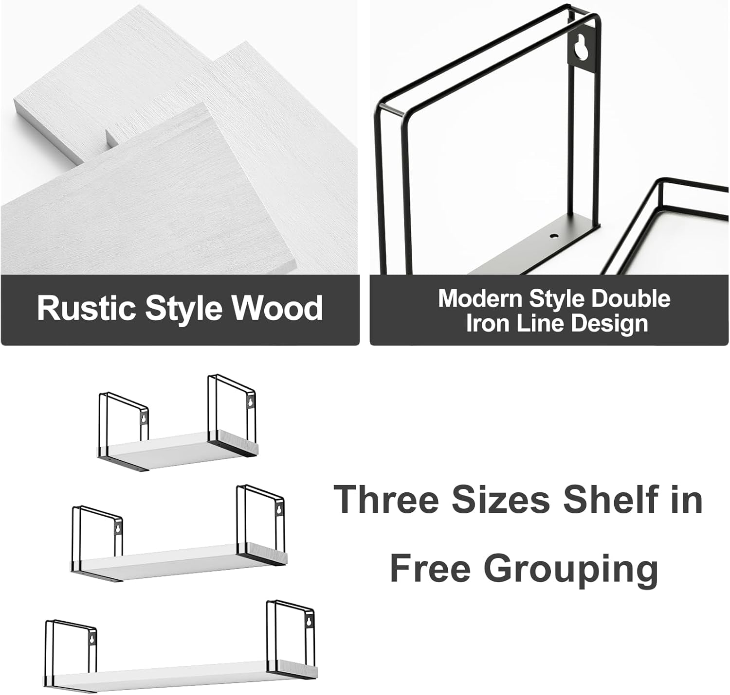 Set of 3 White Floating Wall Shelves - 17 Inch Rustic Wood Decorative Shelves for Bedroom, Bathroom, Laundry Room, Living Room, Kitchen, and Office