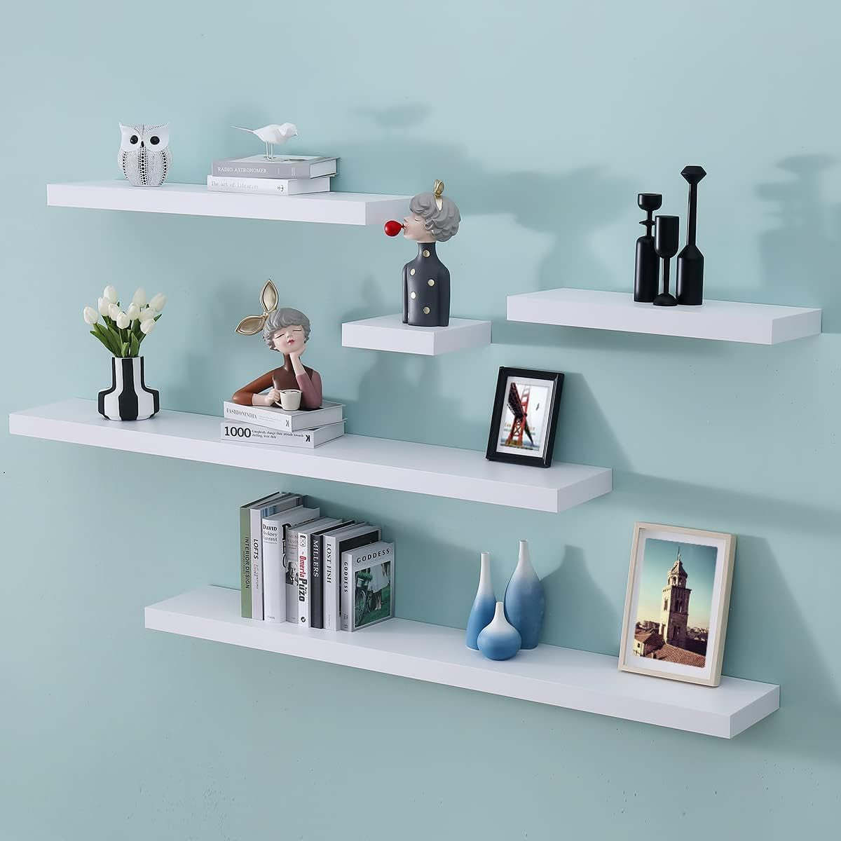 16-Inch White Mission Floating Shelves for Wall Mounting - Modern Wood Display and Book Shelves for Bedroom, Living Room, and Kitchen